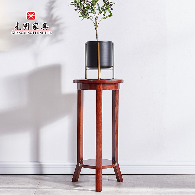 【光明家具】水曲柳实木花架，圆形木质书房置物架，客厅落地花架花几108B-82520-80